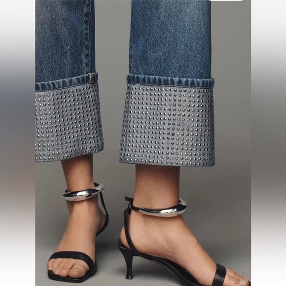 Anthropologie The Lonnie Sparkle Cuffed High Rise Crop Jeans Sequin Blue - Picture 3 of 7